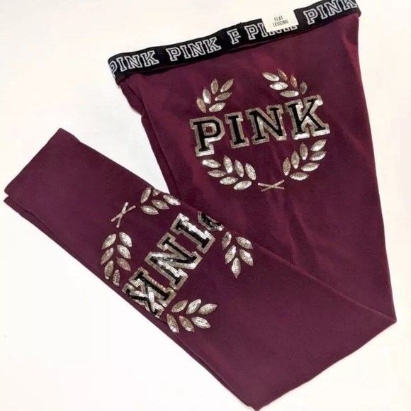 NEW PINK VS BLING LOGOS FLAT LEGGING MAROON - Picture 4 of 6